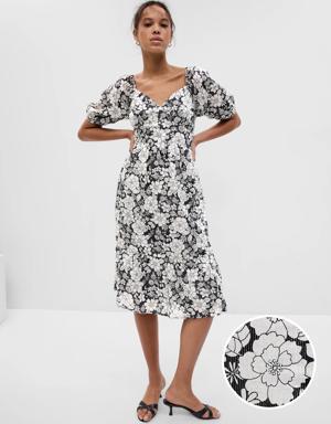 Puff Sleeve Metallic Floral Midi Dress black