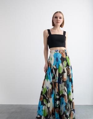 Chiffon Maxi Length Blue Skirt With Pleated Pattern