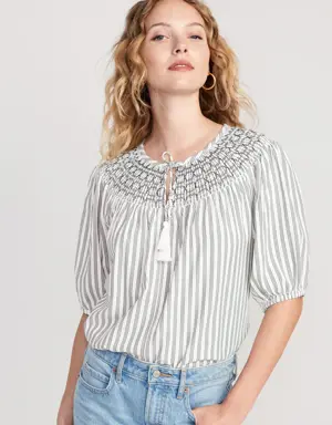 Puff-Sleeve Striped Smocked Embroidered Poet Blouse for Women multi
