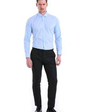 Mavi Desenli Slim Fit 100% Pamuk Açık İtalyan Yaka Uzun Kollu Gömlek