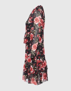 Ruffle Detailed Rose Pattern Black Short Chiffon Dress
