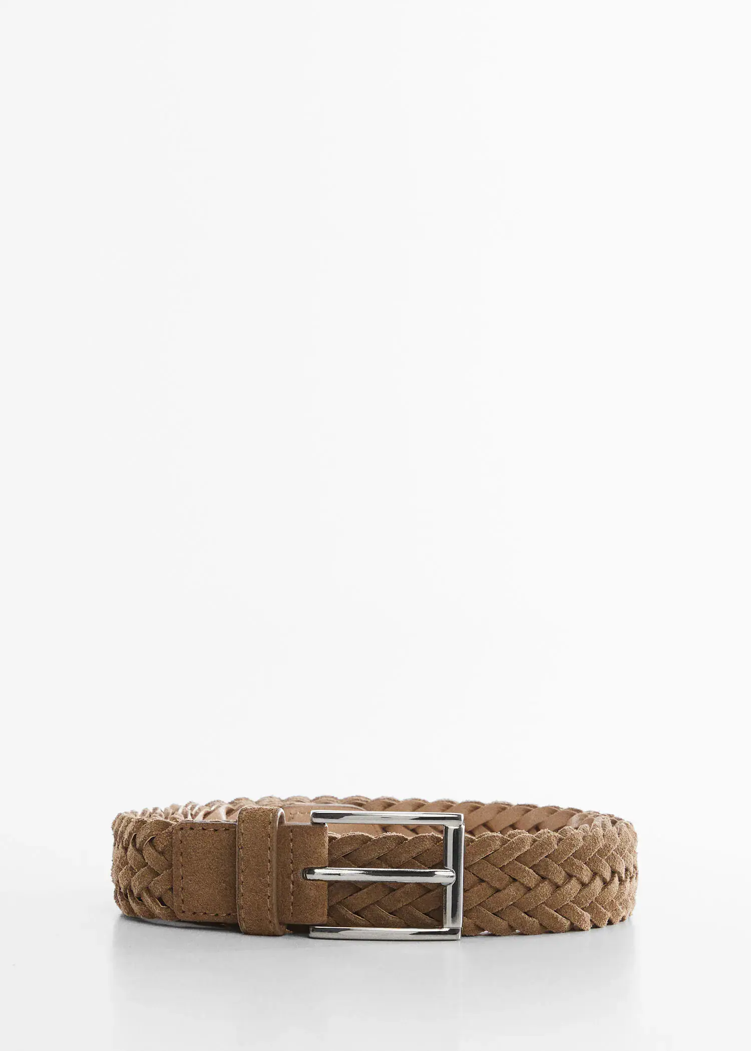 Mango Braided suede belt. a brown belt with a silver buckle on a table. 