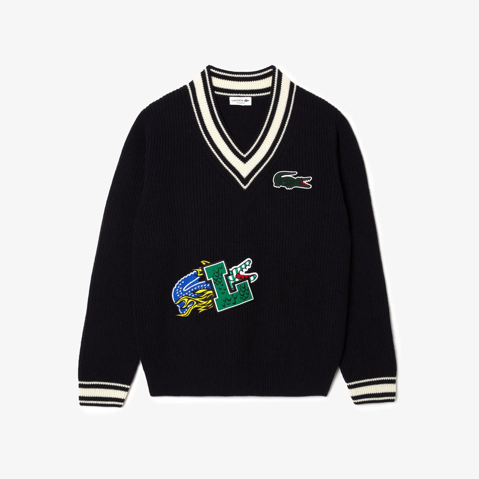Lacoste Men's Lacoste Holiday Comic Badge Striped V-Neck Sweater. 2