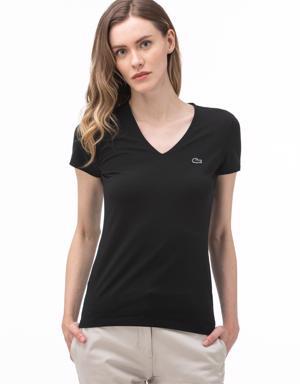 Kadın Slim Fit V Yaka Siyah T-Shirt