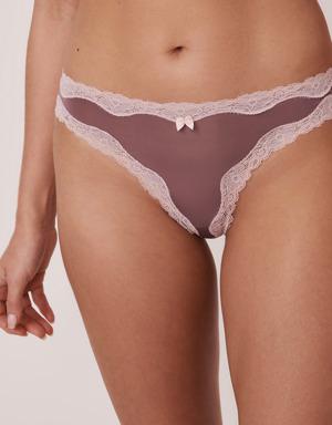 Microfiber and Lace Trim Thong Panty