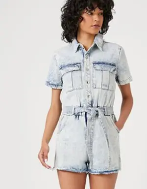 Forever 21 Belted Short Sleeve Denim Romper Light Denim