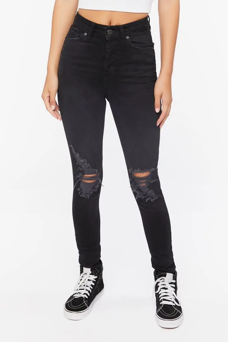 Forever 21 Forever 21 Recycled Cotton High Rise Distressed Jeans Washed Black. 1