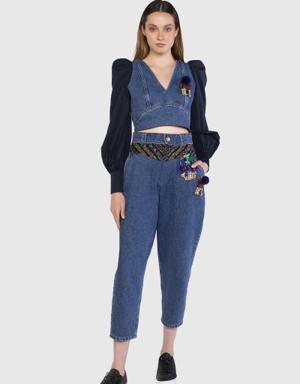 Garni Fabric Detailed Blue Slouchy Jeans