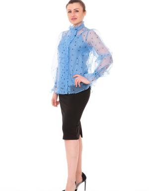 With Ruffle And Flounce Detail On The Collar Polka Dot Blue Shirt