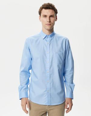 Erkek Regular Fit Düğmeli Yaka Mavi Gömlek