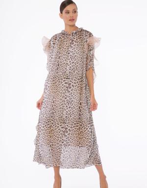 Organza Volan Detail, Beads And Stone Embroidered Chiffon Leopard Dress