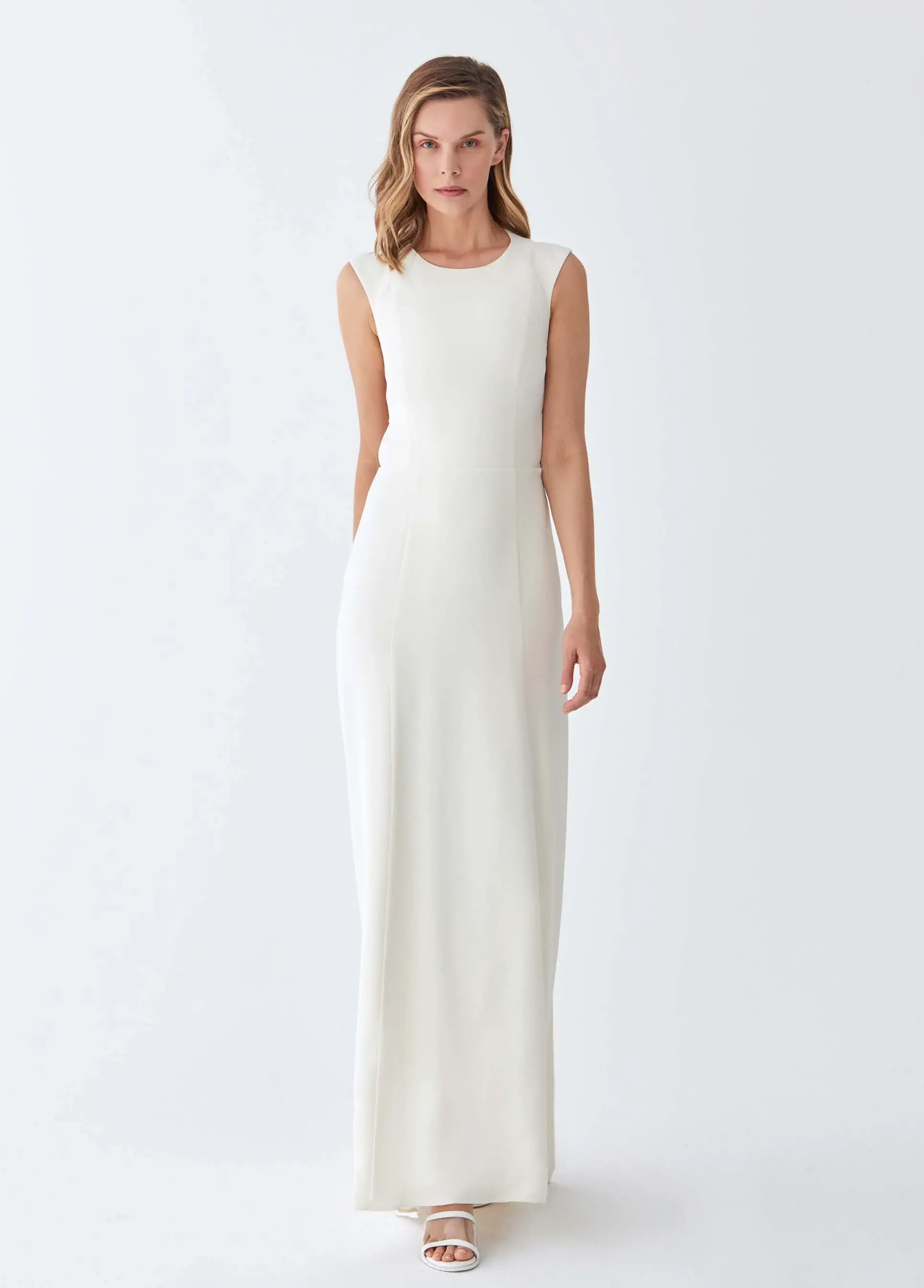 Roman Cream Slit Neckline Evening Gown - 2 / CREAM. 1