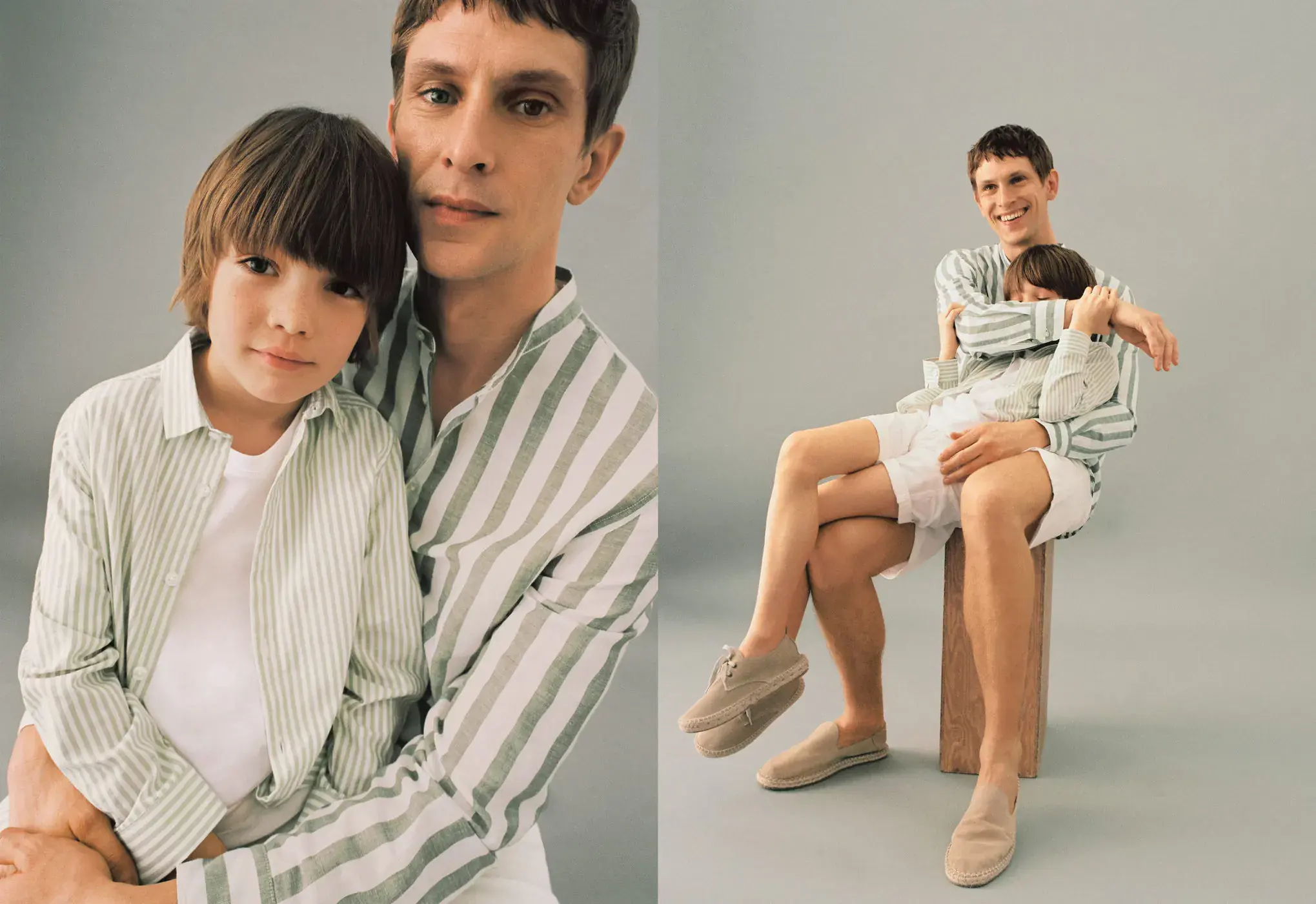 Mango KIDS/ Striped cotton dress shirt. a man and a woman sitting on top of each other. 