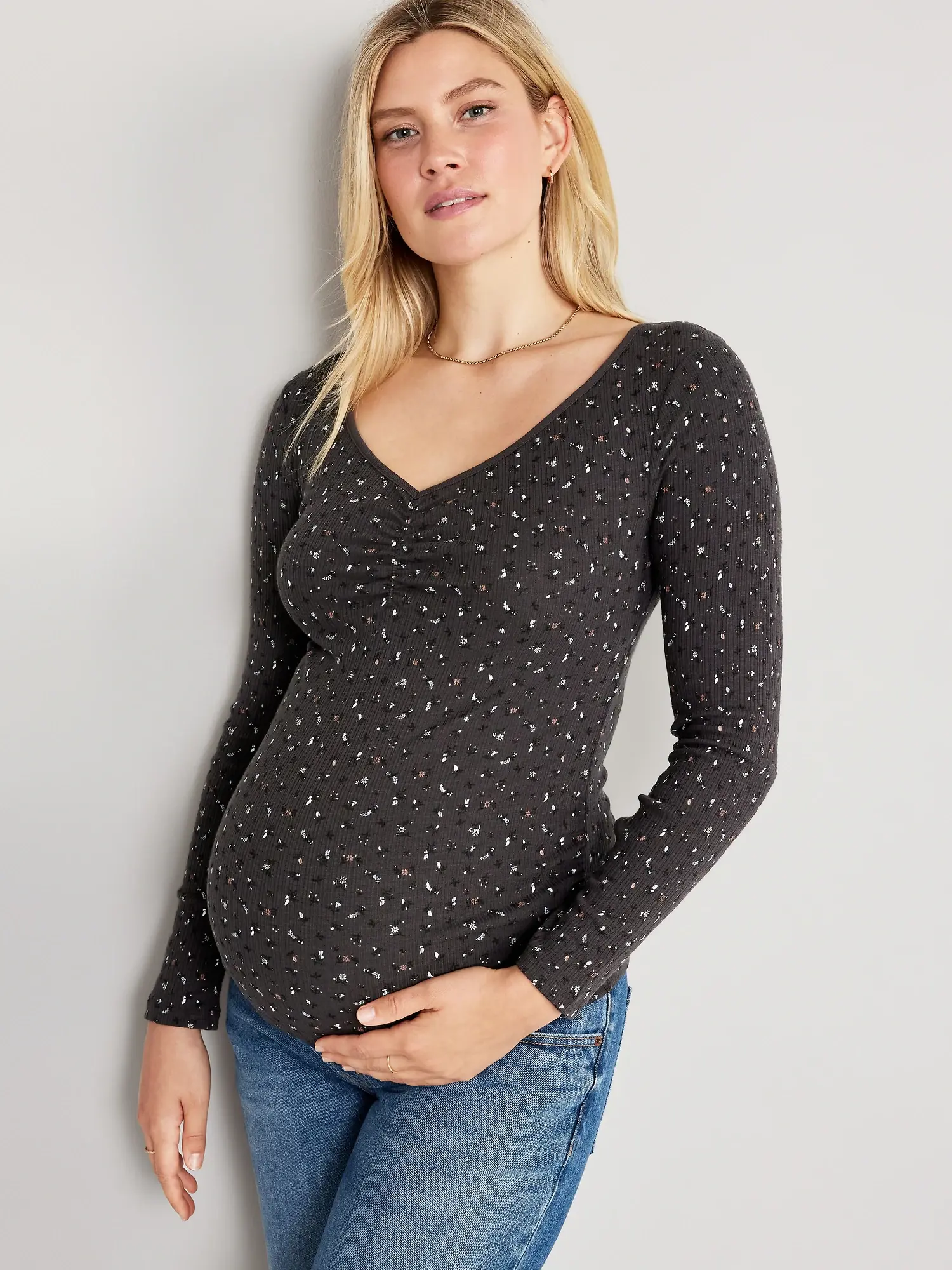 Old Navy Maternity Fitted Cinched-Front Rib-Knit T-Shirt gray. 1