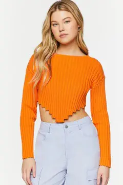 Forever 21 Forever 21 Ribbed V Hem Long Sleeve Crop Top Neon Orange. 2