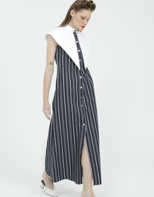 Long Striped Navy Blue Stretch Dress With Wide Neckline Detail