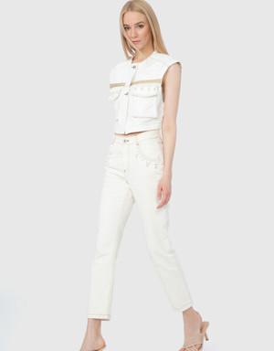 Stone Embroidered Comfortable Cut Ecru Trousers