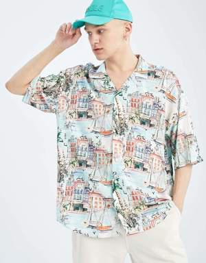 Coool Oversize Fit Baskılı Viskon Kısa Kollu Hawaii Gömlek