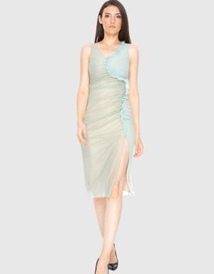 Ruffle And Slit Detailed Transparent Midi Dress