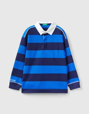 rugby polo with cornflower blue and dark blue stripes