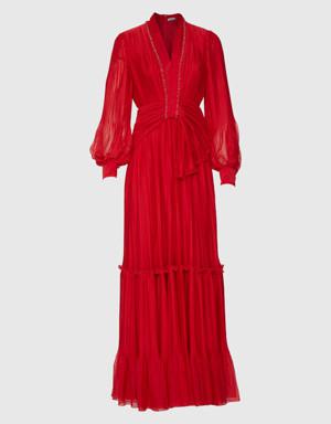 Layered Ruffle Detailed Red Dress