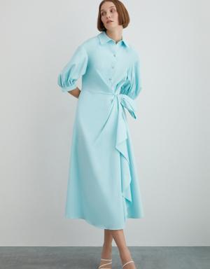 Mint Green Dress With Gold Buttons With Half Bow Detail With Shirring Sleeves