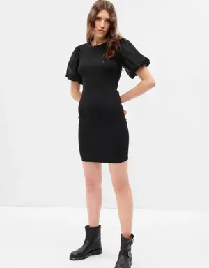 Puff Sleeve Mixed Media Mini Dress black