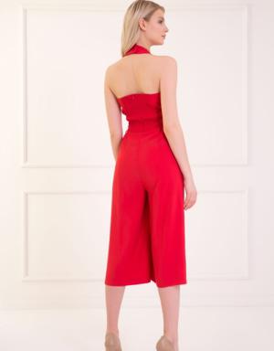 Halter Collar Waist Lace Detail Wide Leg Midi Red Jumpsuit