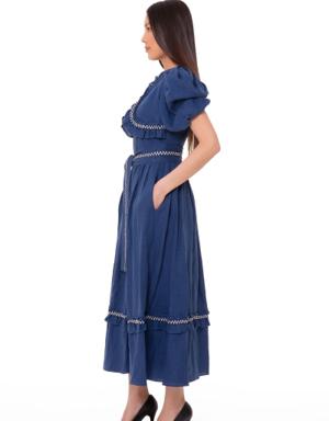 Ruffle Detailed Long Indigo Dress