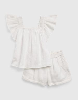 Kids Crinkle Gauze Flutter Sleeve Outfit Set white