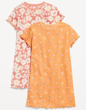 Printed Short-Sleeve Rib-Knit Lettuce-Edge Nightgown 2-Pack for Girls orange