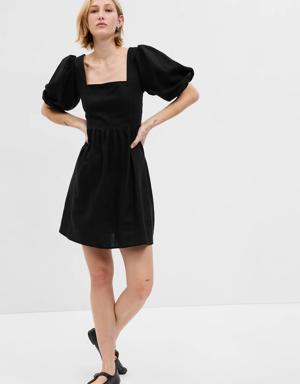 Linen-Blend Puff Sleeve Mini Dress black