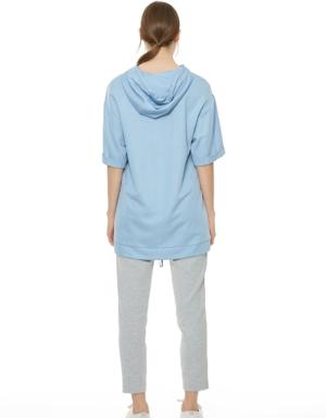 Front Printed Short Sleeve Blue Sweatshirt
