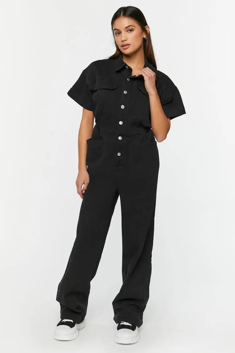 Forever 21 Forever 21 Twill Straight Leg Shirt Jumpsuit Black. 1