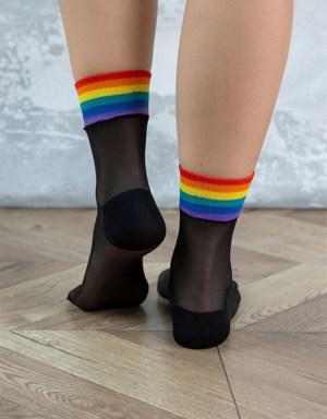 Çok Renkli Çizgili İnce Kadın Step Çorap SİYAH