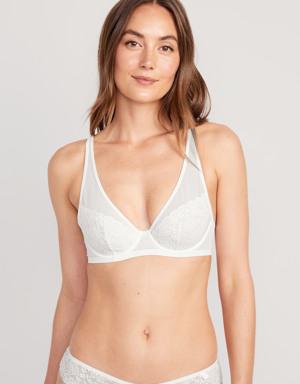 Lace-Paneled Mesh Underwire Plunge Bra for Women white