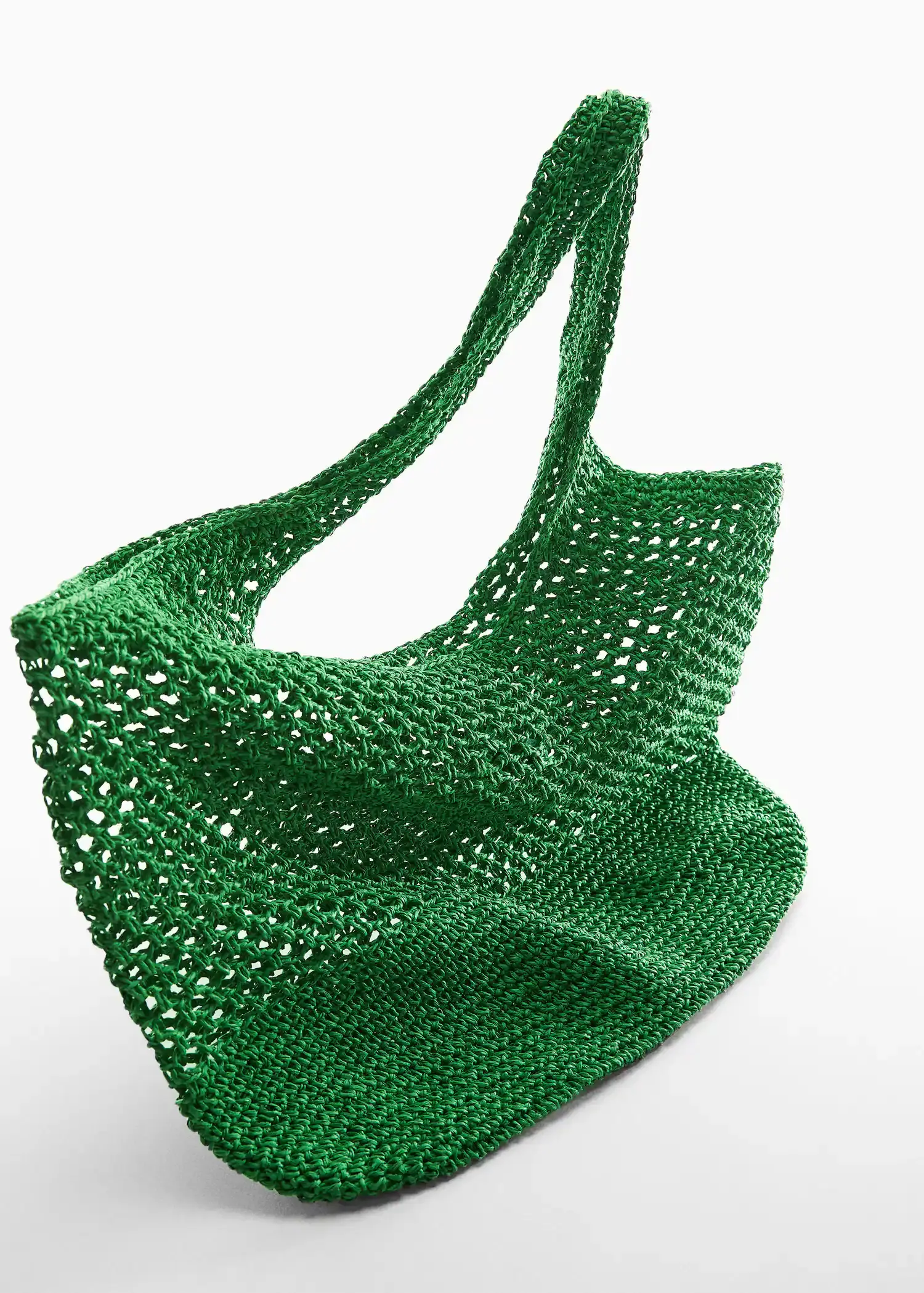 Mango Natural fibre sack bag. a close up of a green knitted bag. 