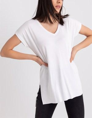 Yırtmaçlı Basic T-Shirt - BEYAZ