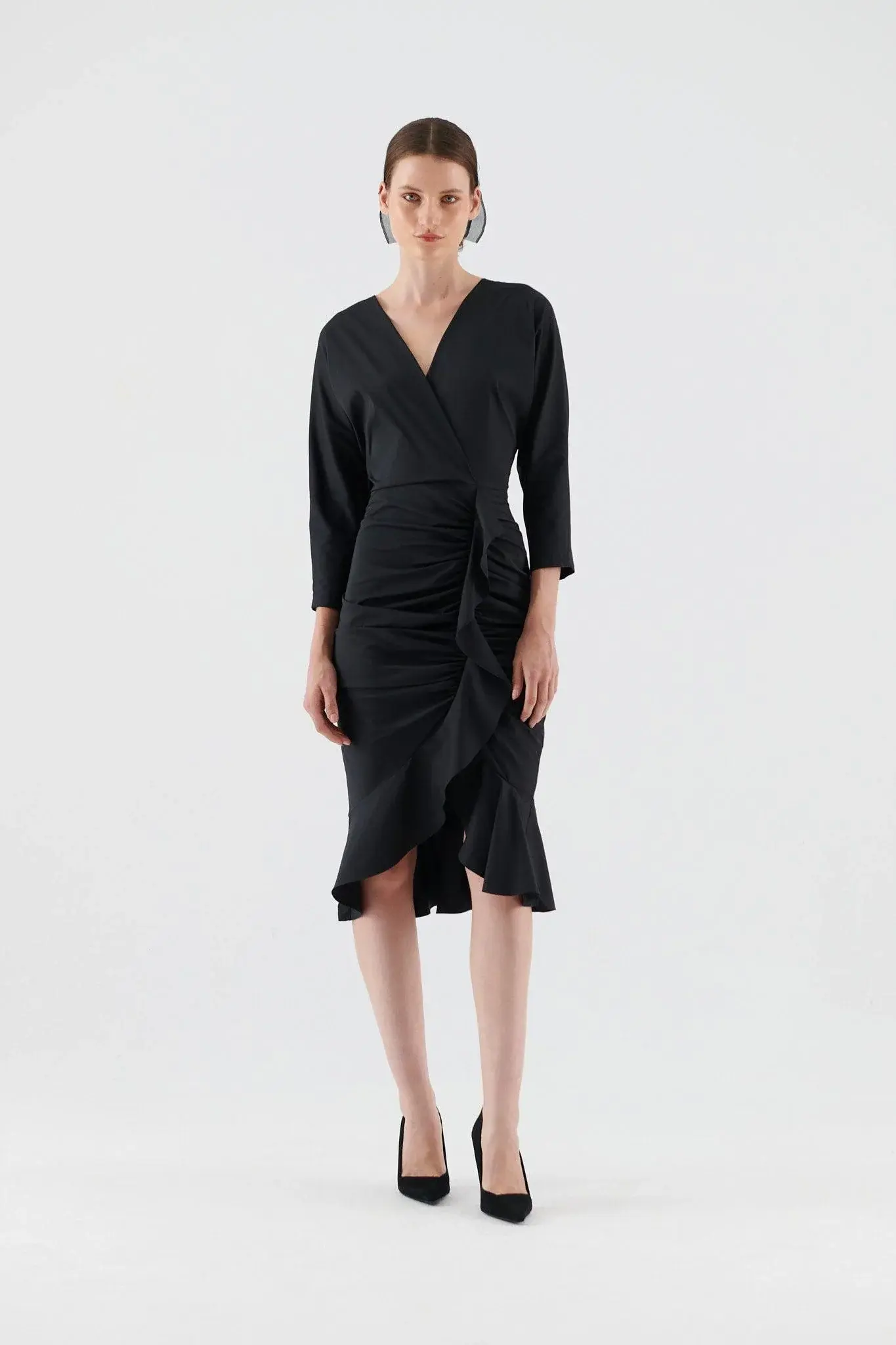 Roman V- neck Asymmetrical Black Cocktail Dress - 2 / Black. 1