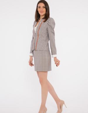 Plaid Contrast Ribbed Ruffle Sleeve Blue Woman Suit