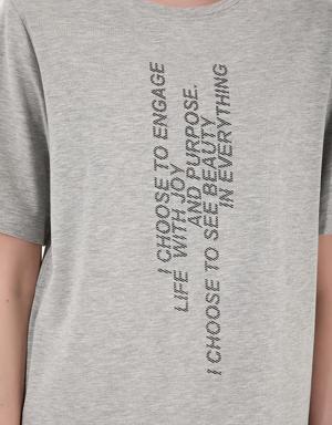 Gri Melanj Dikey Yazı Baskılı O Yaka Kadın Oversize T-Shirt - 97138