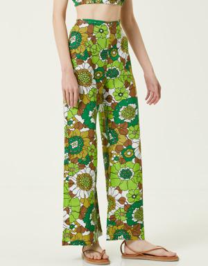 Yeşil Yüksek Bel Çiçekli Bol Paça Keten Pantolon