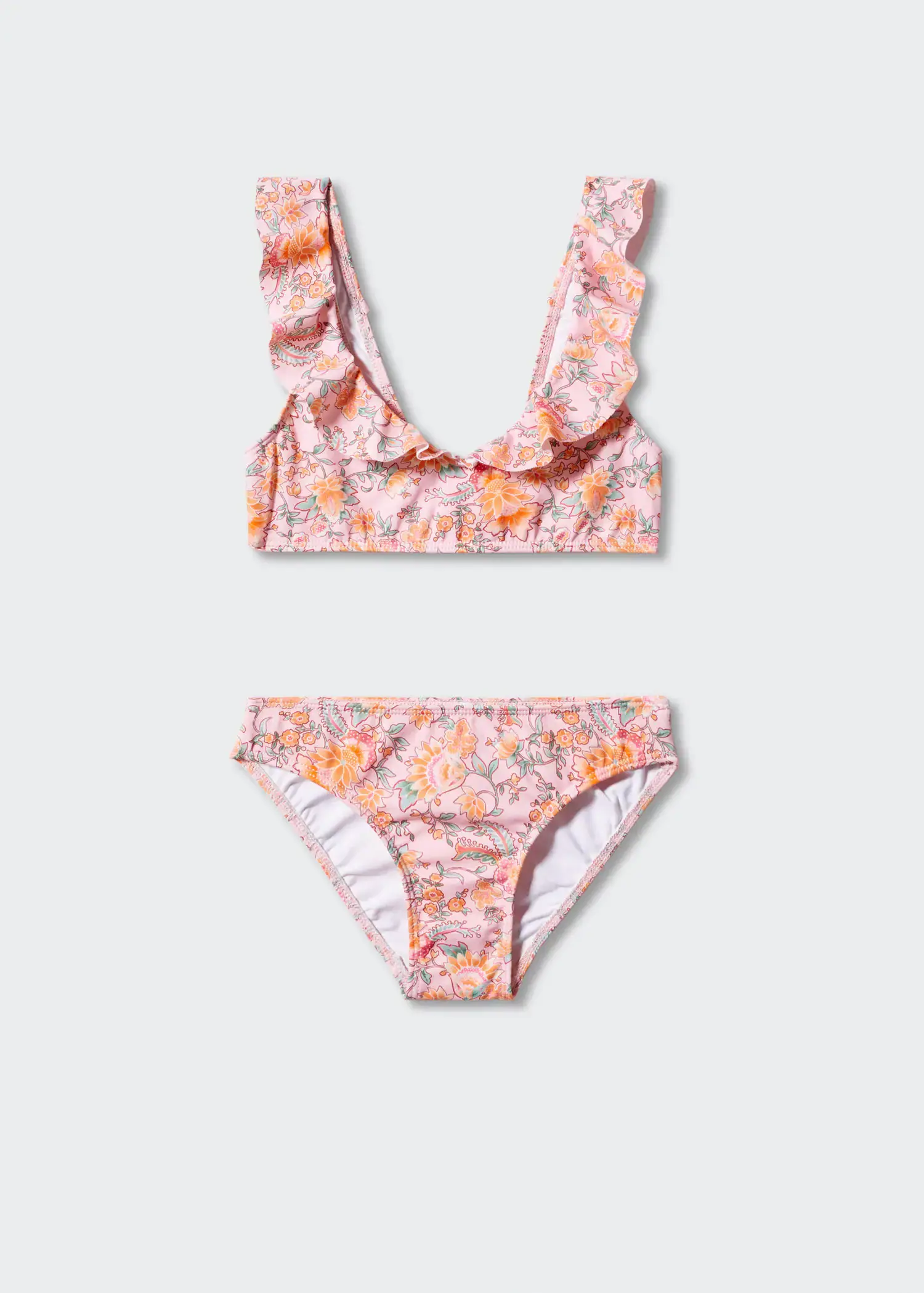 Mango KIDS/ Floral print bikini. a pink bikini with a ruffle on the top. 