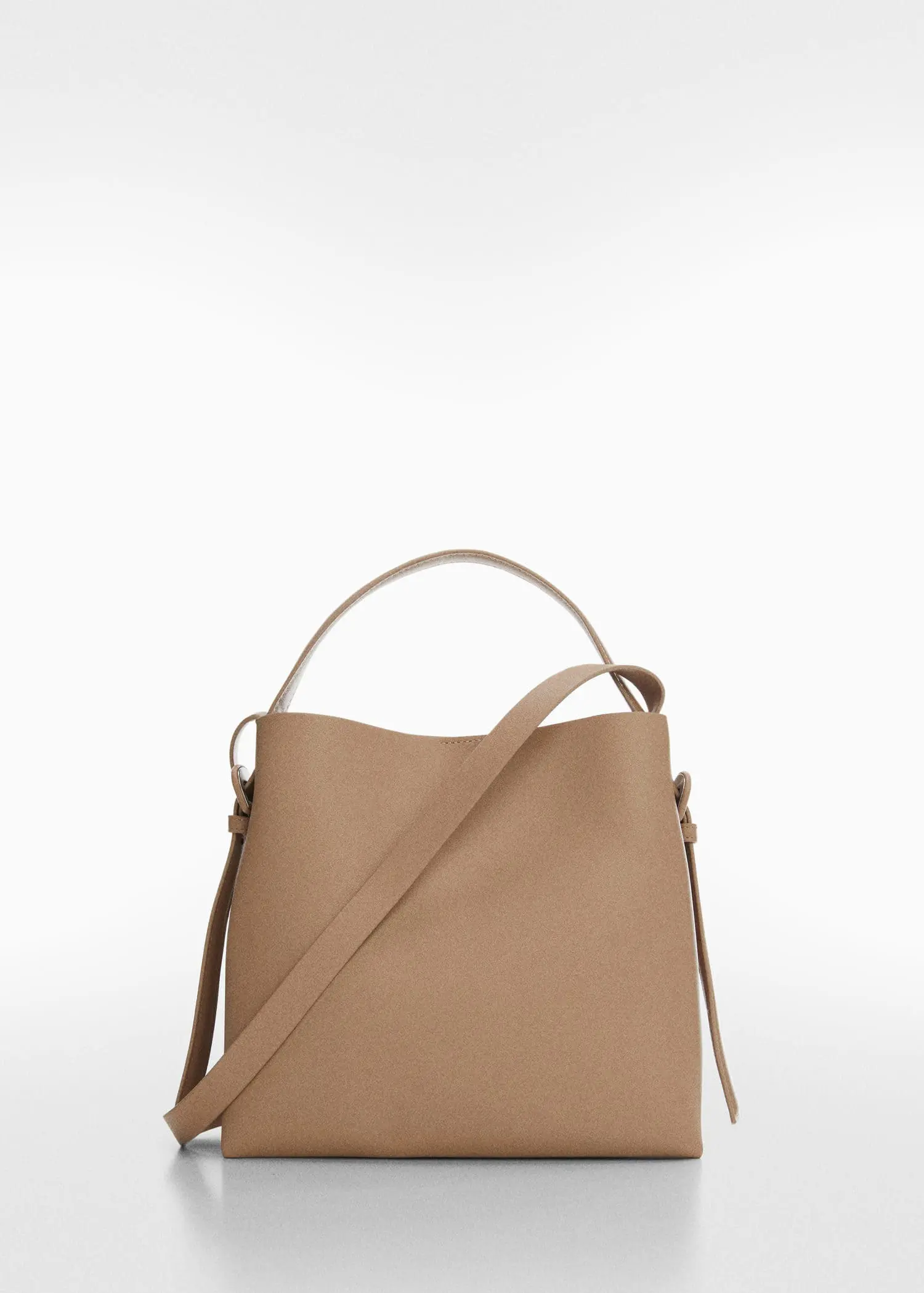 Mango Shopper bag with buckle. a tan bag is shown with a strap. 