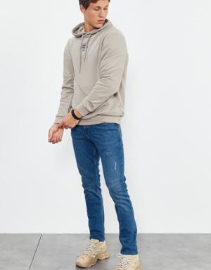 Koyu Bej Kuru Kafa Sırt Baskılı Kapüşonlu Rahat Form Erkek Sweatshirt - 88008