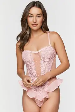 Forever 21 Forever 21 Floral Lace Flounce Lingerie Bodysuit Blush. 2