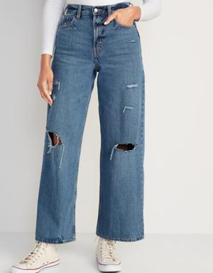 Extra High-Waisted Ripped Baggy Wide-Leg Non-Stretch Jeans for Women blue