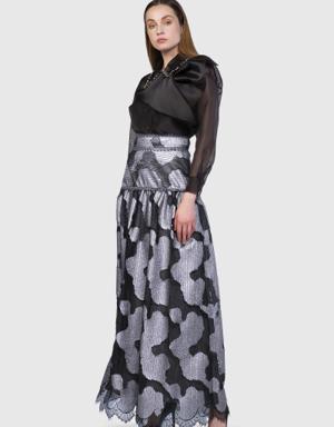 Long Pleated Black Skirt With Metallic Lace Bodice