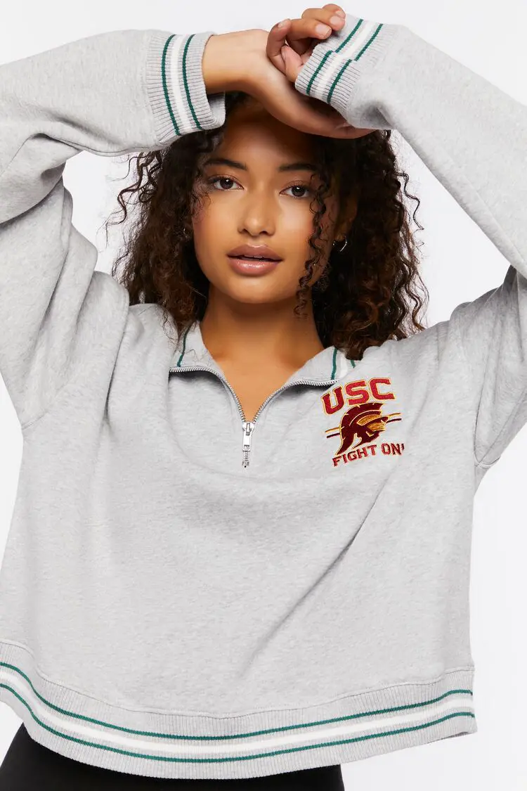 Forever 21 Forever 21 USC Graphic Half Zip Pullover Heather Grey/Multi. 1