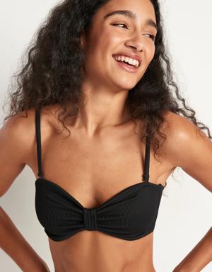 Textured-Rib Cinch-Front Bikini Swim Top for Women black